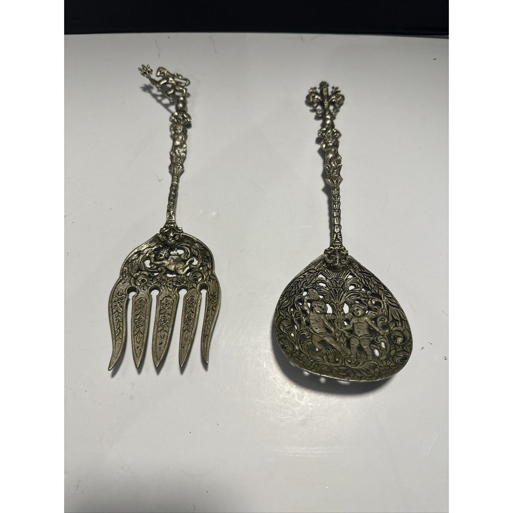 Silverplate Cherub Angel Cupid Serving Fork &‎ Spoon Intricate Pattern 9.5"